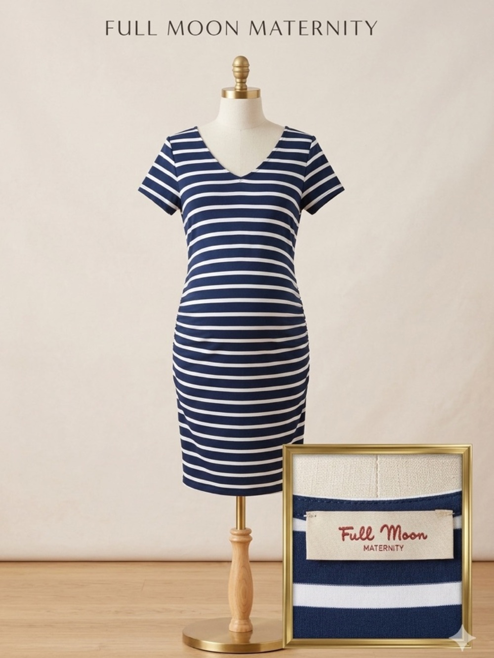 Full Moon Maternity Navy & White Striped V-Neck Maternity Mini Dress